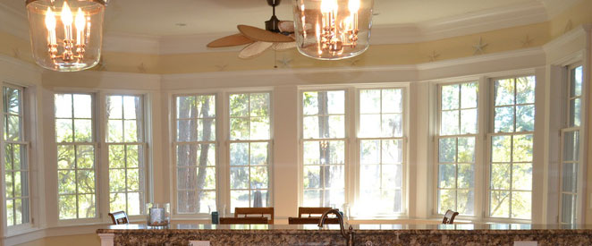 Dining room with double-hang windows