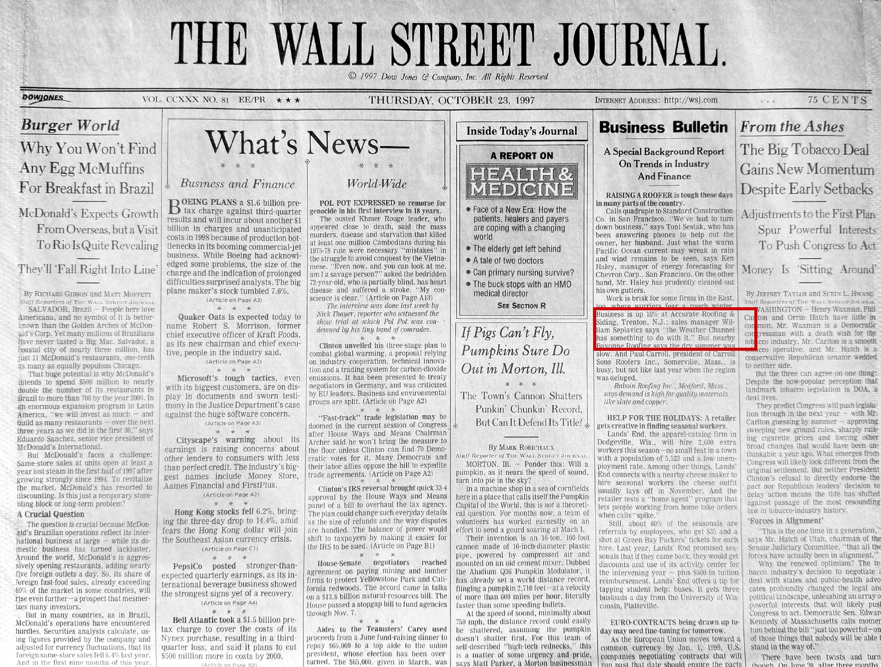 The Wall Street Journal page from October 23, 1997 mentioning Accurate Roofing
